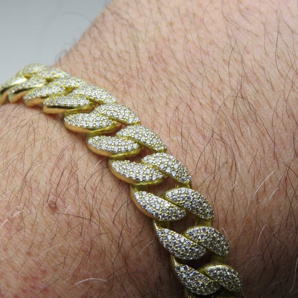14k *925 Sterling Silver Men's Cuban Diamond Bracelet - Picture 5 of 6